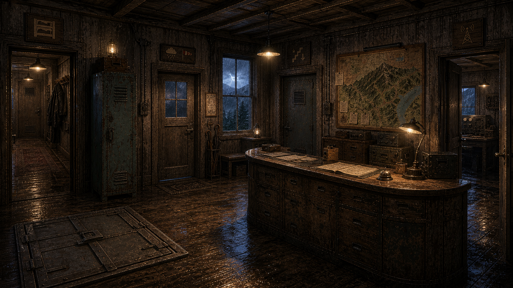 Abandoned mountain radio station lobby with multiple storm station doors, a basement hatch, reception desk, and wall road map